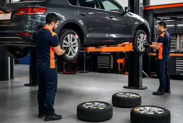 Mecânicos fazendo rodízio de pneus em Balsas, com três pneus fora do carro.