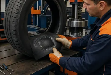 Profissional trabalhando na vulcanização de um pneu em Balsas com máquina adequada.