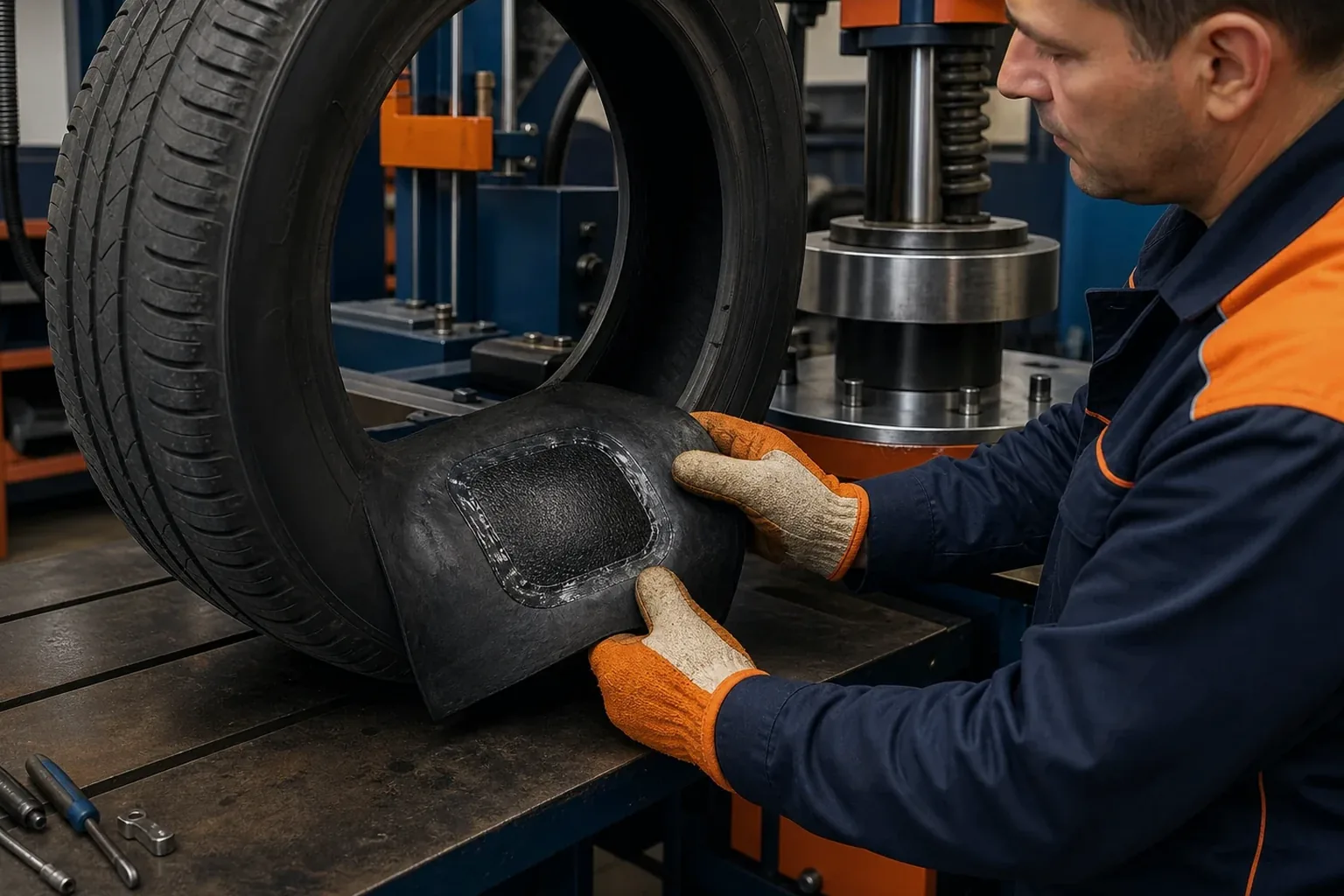 Profissional trabalhando na vulcanização de um pneu em Balsas com máquina adequada.