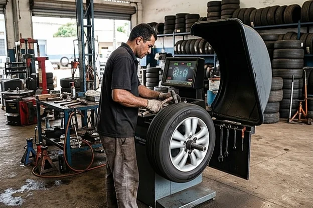 Técnico realizando balanceamento de rodas em Balsas, usando equipamentos específicos.